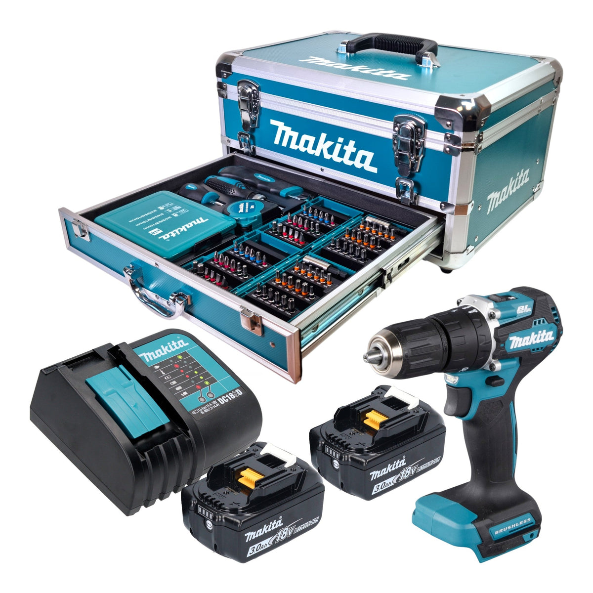 Makita DHP 487 SFX9 Akku Schlagbohrschrauber 18 V 40 Nm Brushless + 2x Akku 3,0 Ah + Ladegerät + 96 tlg. Zubehör Set + Koffer