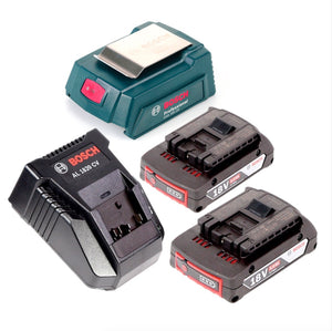Bosch USB Power Set 18 V mit GAA Professional USB Adapter für 14,4 V / 18 V Akkus + 2x GBA 18V 2,0 Ah Li-Ion Einschub Akku + 1x Schnell Ladegerät AL 1820 CV