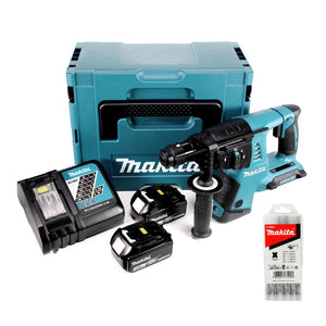 Makita DHR 263 RFJ 2x18V / 36 V SDS-Plus Akku Bohrhammer mit 2 x 3,0 Ah Akku + Ladegerät im Makpac 4 + 5 tlg. Hartmetall Bohrer Set für Mauerwerk und Beton