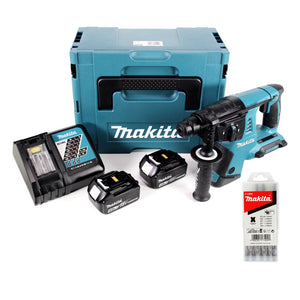 Makita DHR 263 RMJ 2x18V / 36 V SDS-Plus Akku Bohrhammer mit 2 x 4,0 Ah Akku + DC18RC Ladegerät im Makpac 4 + 5 tlg. Hartmetall Bohrer Set für Mauerwerk und Beton