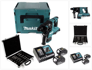Makita DHR 280 RTJ 2 x 18 V 36 V Li-Ion Akku Bohrhammer 28 mm Brushless für SDS-PLUS im Makpac + 2 x 5,0 Ah Akku + Ladegerät + 11 tlg. Bosch Meißel und Bohrer Set