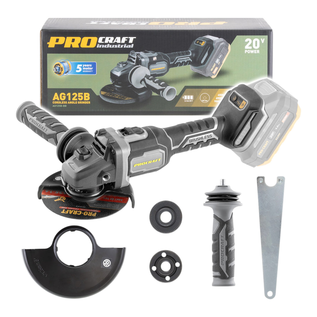 Procraft Industrial AG125Bbb Akku Winkelschleifer 20 V 125 mm Brushless Solo - ohne Akku, ohne Ladegerät