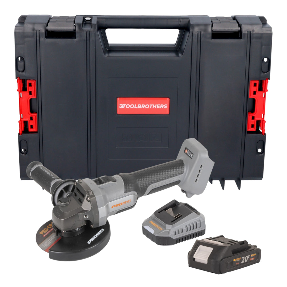 Procraft Industrial AG125Abb Akku Winkelschleifer 20 V 125 mm Brushless + 1x Akku 2,0 Ah + Ladegerät + RHINO Toolcase