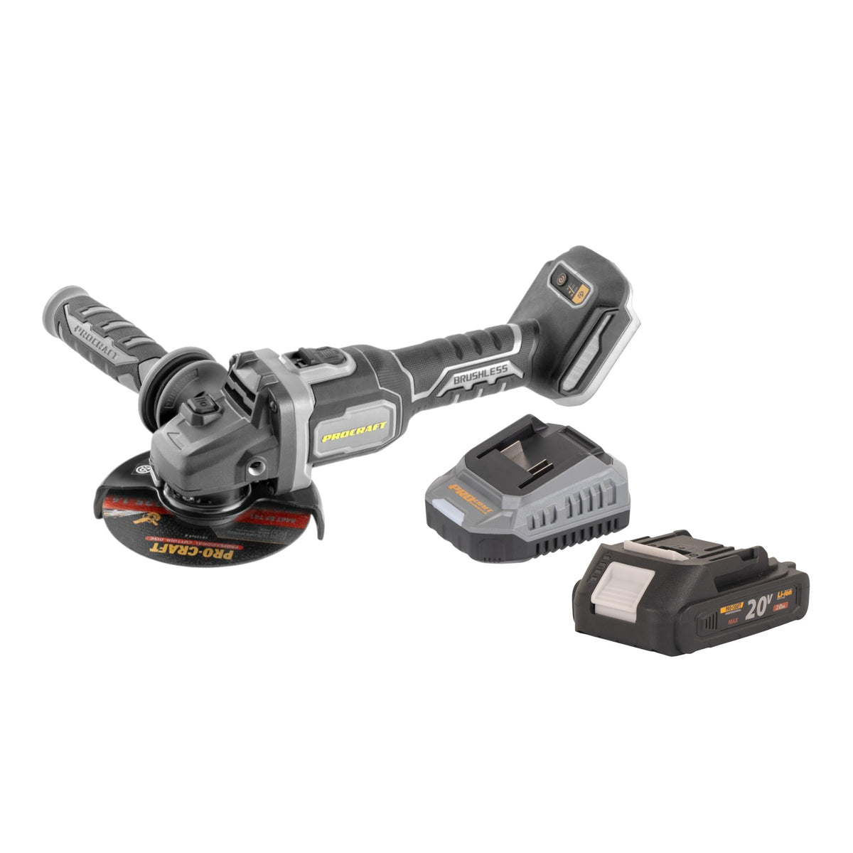 Procraft Industrial AG125Bbb Akku Winkelschleifer 20 V 125 mm Brushless + 1x Akku 2,0 Ah + Ladegerät