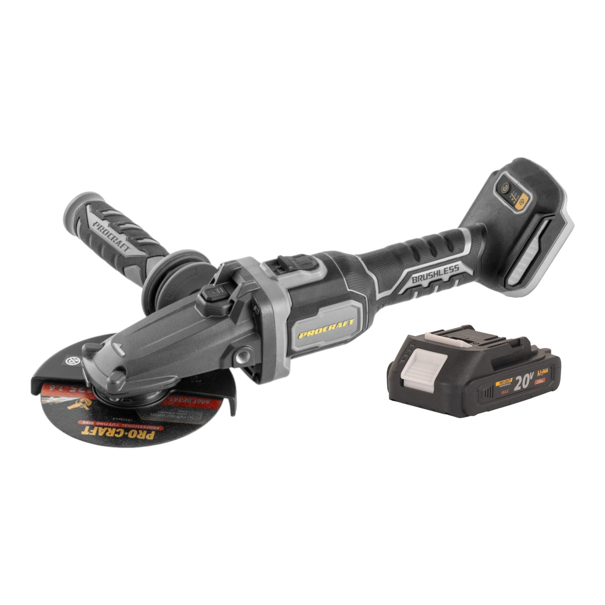 Procraft Industrial AG125Cbb Akku Flachkopf Winkelschleifer 20 V 125 mm Brushless + 1x Akku 2,0 Ah - ohne Ladegerät