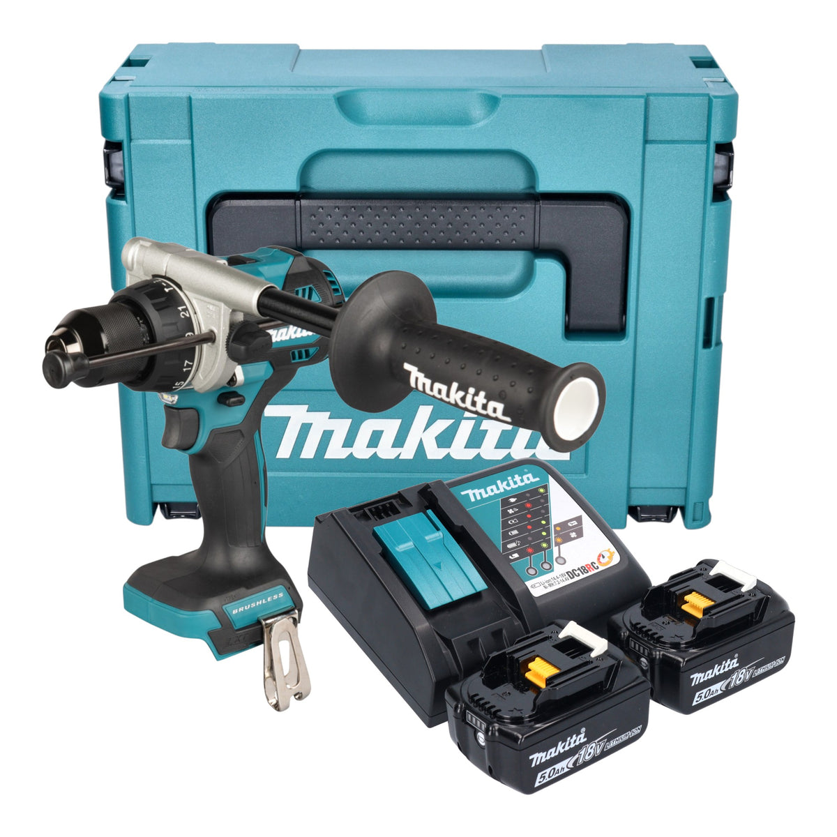 Makita DHP 492 RTJ Akku Schlagbohrschrauber 18 V 141 Nm Brushless + 2x Akku 5,0 Ah + Ladegerät + Makpac