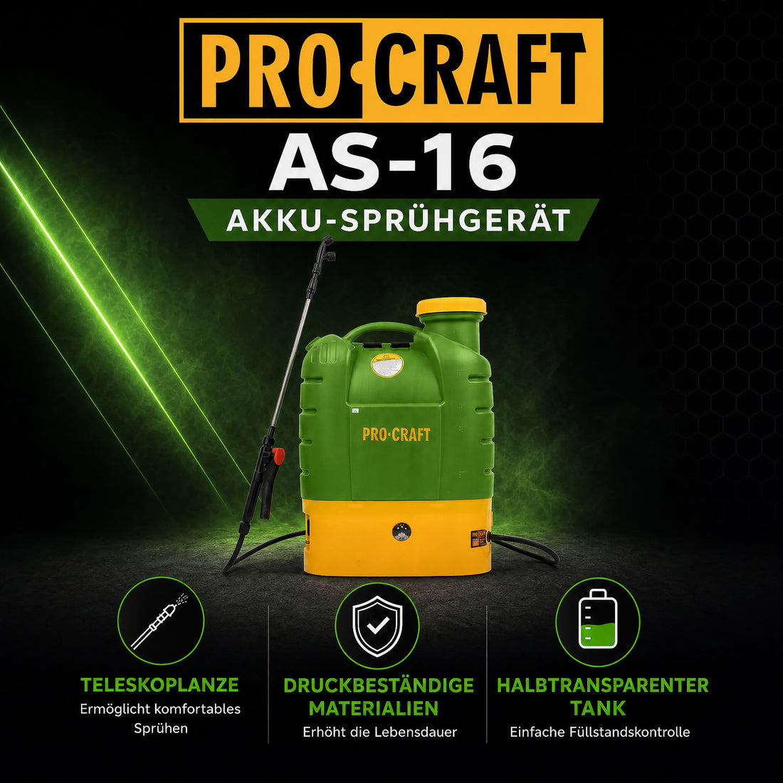 Procraft AS-16 Akku Sprühgerät 12 V 16 l 5,5 bar + integrierter Akku 8,0 Ah + Ladegerät