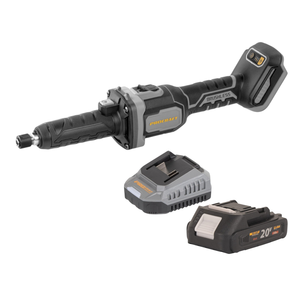 Procraft Industrial DG20A-BB Akku Geradschleifer 20 V 6 mm Brushless + 1x Akku 2,0 Ah + Ladegerät