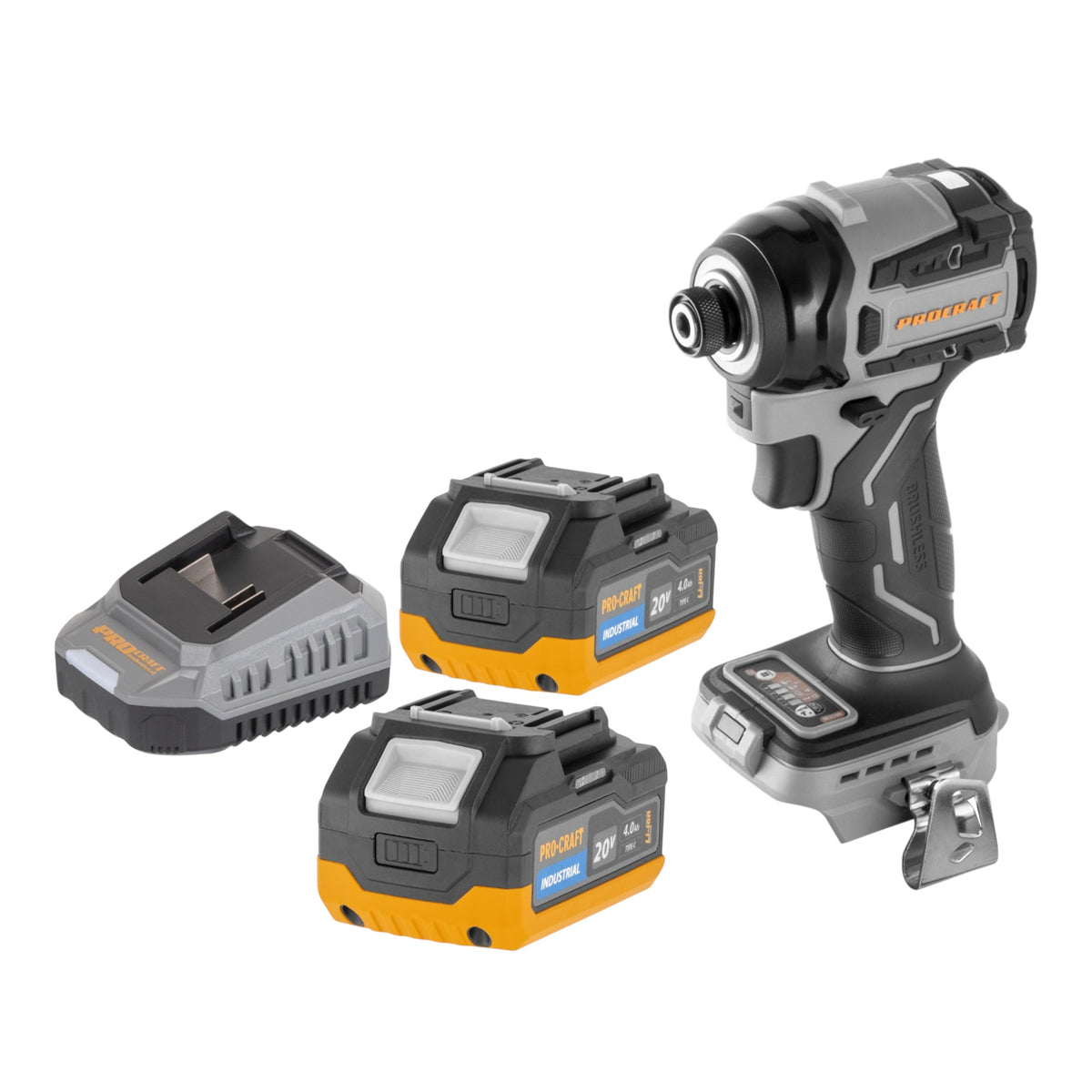 Procraft Industrial ID20Abb Akku Schlagschrauber 20 V 180 Nm 1/4" + 2x Akku 4,0 Ah + Ladegerät