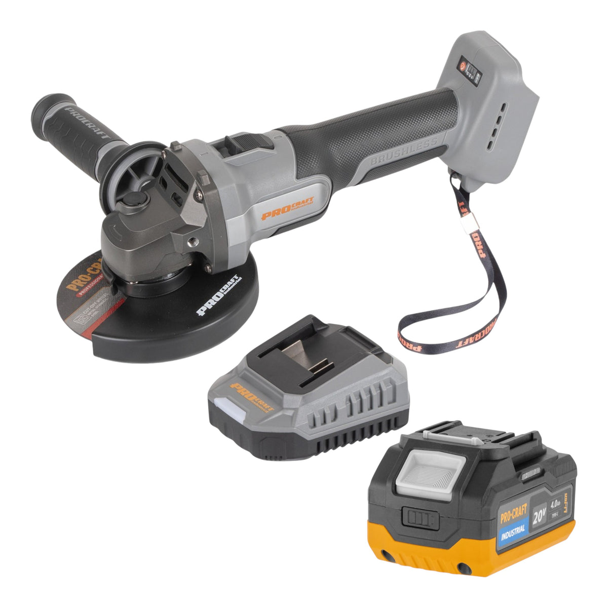 Procraft Industrial AG125Abb Akku Winkelschleifer 20 V 125 mm Brushless + 1x Akku 4,0 Ah + Ladegerät