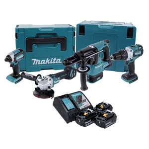 Makita DLX 4104 TJ1 Akku Combo Kit DGA 513 Winkelschleifer + DHP 481 Schlagbohrschrauber + DHR 243 Bohrhammer + DTD 153 Schlagschrauber + 3x Akku 5,0 Ah + Ladegerät + 2x Makpac