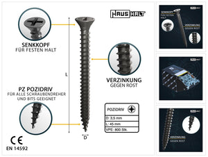 HausHalt Universal Holzbauschraube Holzschraube 3,5 x 45 mm PZ2 800 Stk. ( 2x 000051371108 ) silber verzinkt Kreuzschlitz Pozidriv Senkkopf Vollgewinde