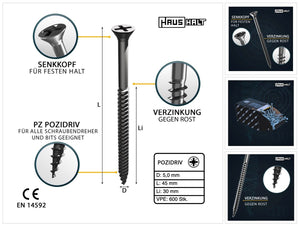 HausHalt Universal Holzbauschraube Holzschraube 5,0 x 45 mm PZ2 600 Stk. ( 2x 000051371196 ) silber verzinkt Kreuzschlitz Pozidriv Senkkopf Teilgewinde