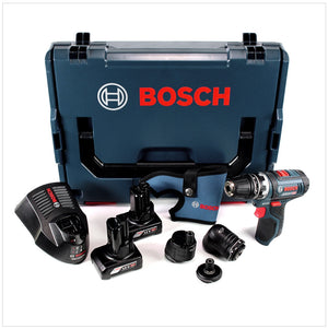Bosch GSR 12V-15 FC Professional FlexiClick Akku Bohrschrauber mit 2 x 4 Ah Akkus + Lader + 3 tlg. Aufsätze - Set in L-Boxx