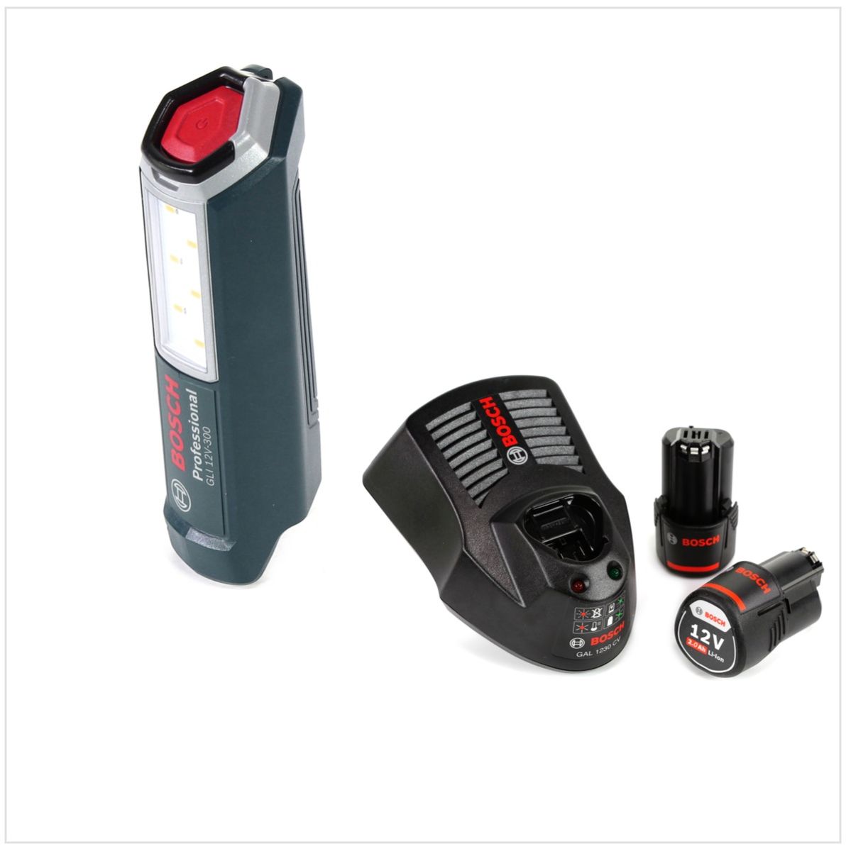 Bosch Professional GLI 12V-300 Akku Lampe + 2x GBA 12V 2,0 Ah Akku + GAL 1230 Ladegerät