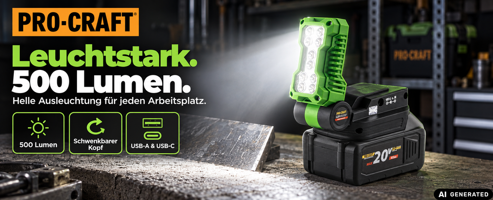 Procraft LL20bb Akku LED Strahler 20 V 500 lm + 1x Akku 2,0 Ah - ohne Ladegerät