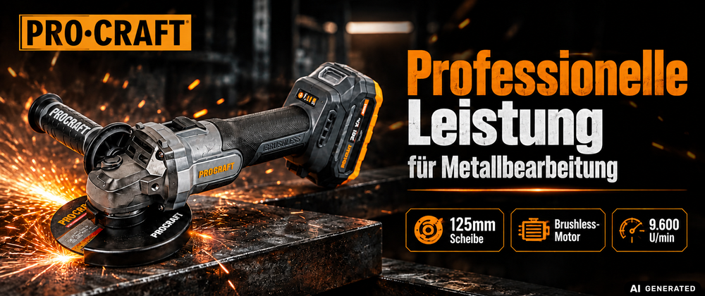 Procraft Industrial AG125Abb Akku Winkelschleifer 20 V 125 mm Brushless + 1x Akku 4,0 Ah + Ladegerät + RHINO Toolcase