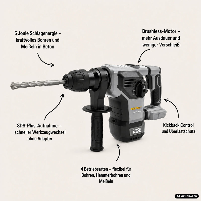 Procraft Industrial HD20B-BB-C Akku Kombihammer 20 V 5 J SDS plus Brushless + 1x Akku 8,0 Ah + Koffer - ohne Ladegerät
