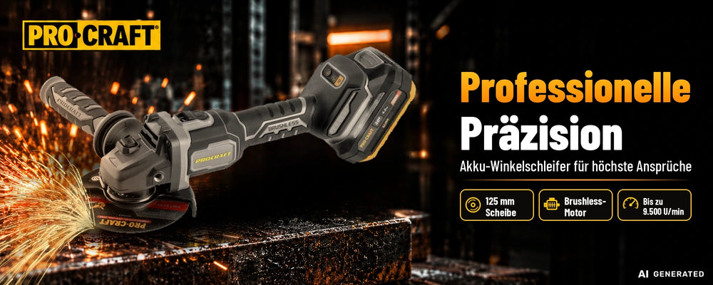 Procraft Industrial AG125Bbb Akku Winkelschleifer 20 V 125 mm Brushless + 1x Akku 4,0 Ah + Ladegerät + RHINO Toolcase