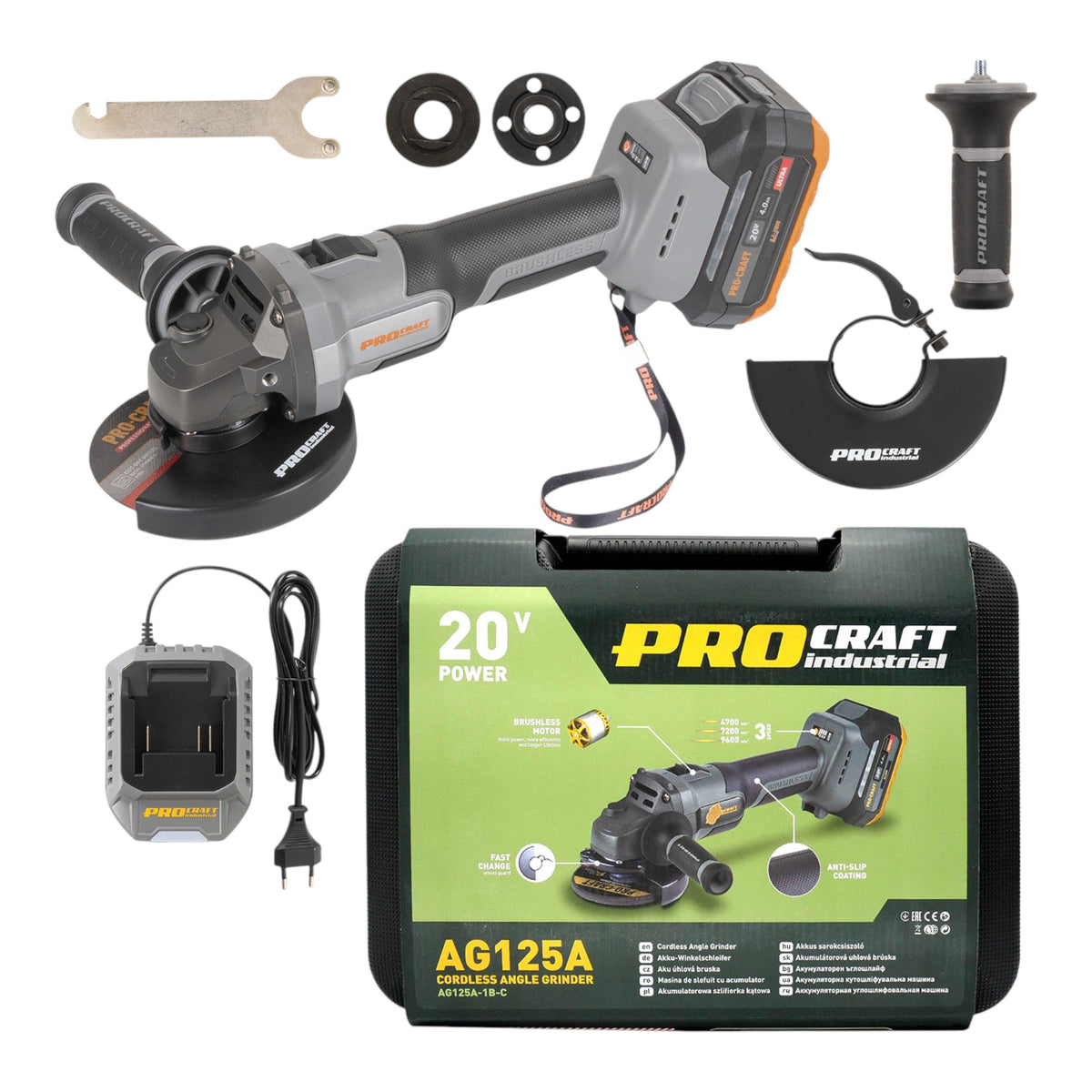 Procraft Industrial AG125A Akku Winkelschleifer 20 V 125 mm Brushless + 1x Akku 4,0 Ah + Ladegerät + Koffer