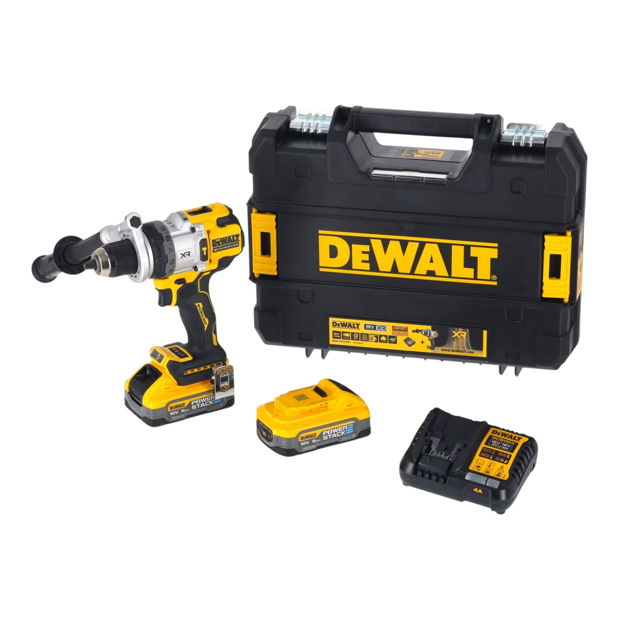 DeWalt DCD 1007 H2T Akku Schlagbohrschrauber 18 V 169 Nm Brushless + 2x Powerstack Akku 5,0 Ah + Ladegerät + TSTAK