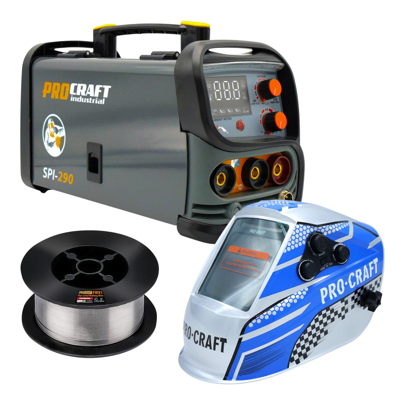 Procraft SPI-290 Kombi Inverter Schweißgerät 3,8 kW Co Flux MMA TIG Lift + Fülldraht + Schweißhelm