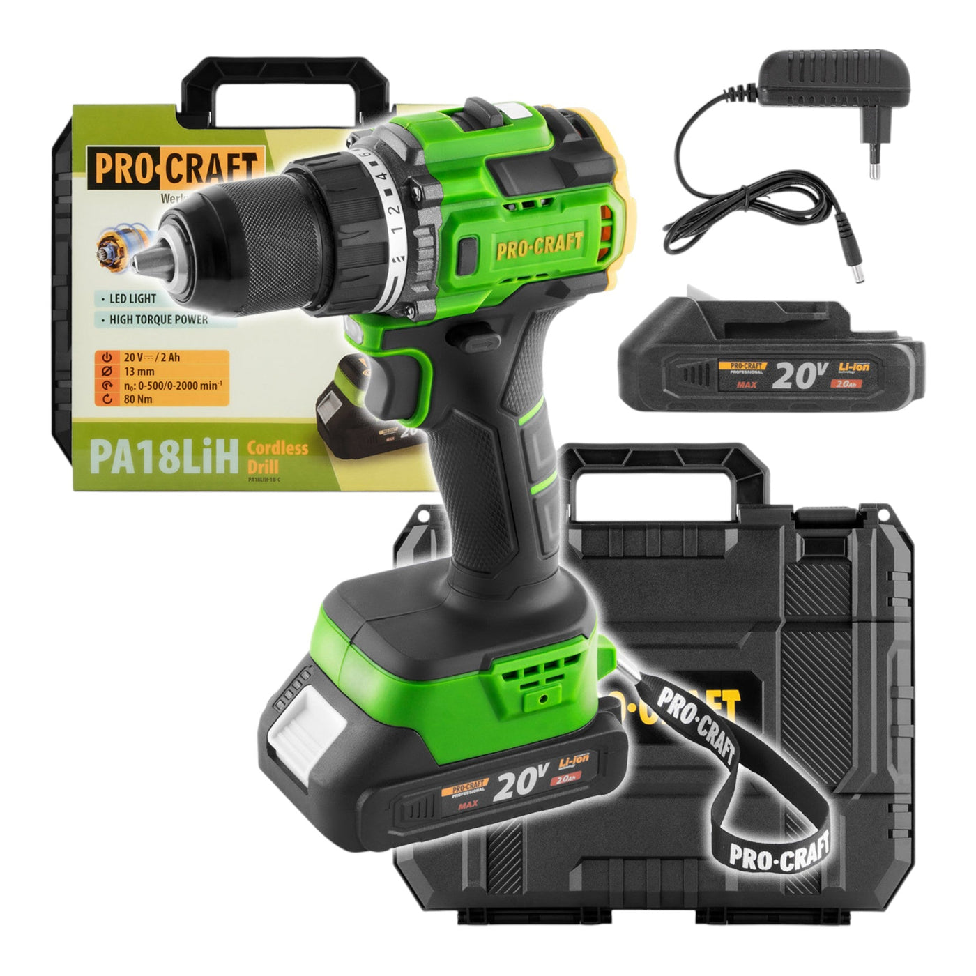 Procraft PA18LiH-1B-C Akku Bohrschrauber 20 V 80 Nm Brushless + 1x Akku 2,0 Ah + Ladegerät + Koffer