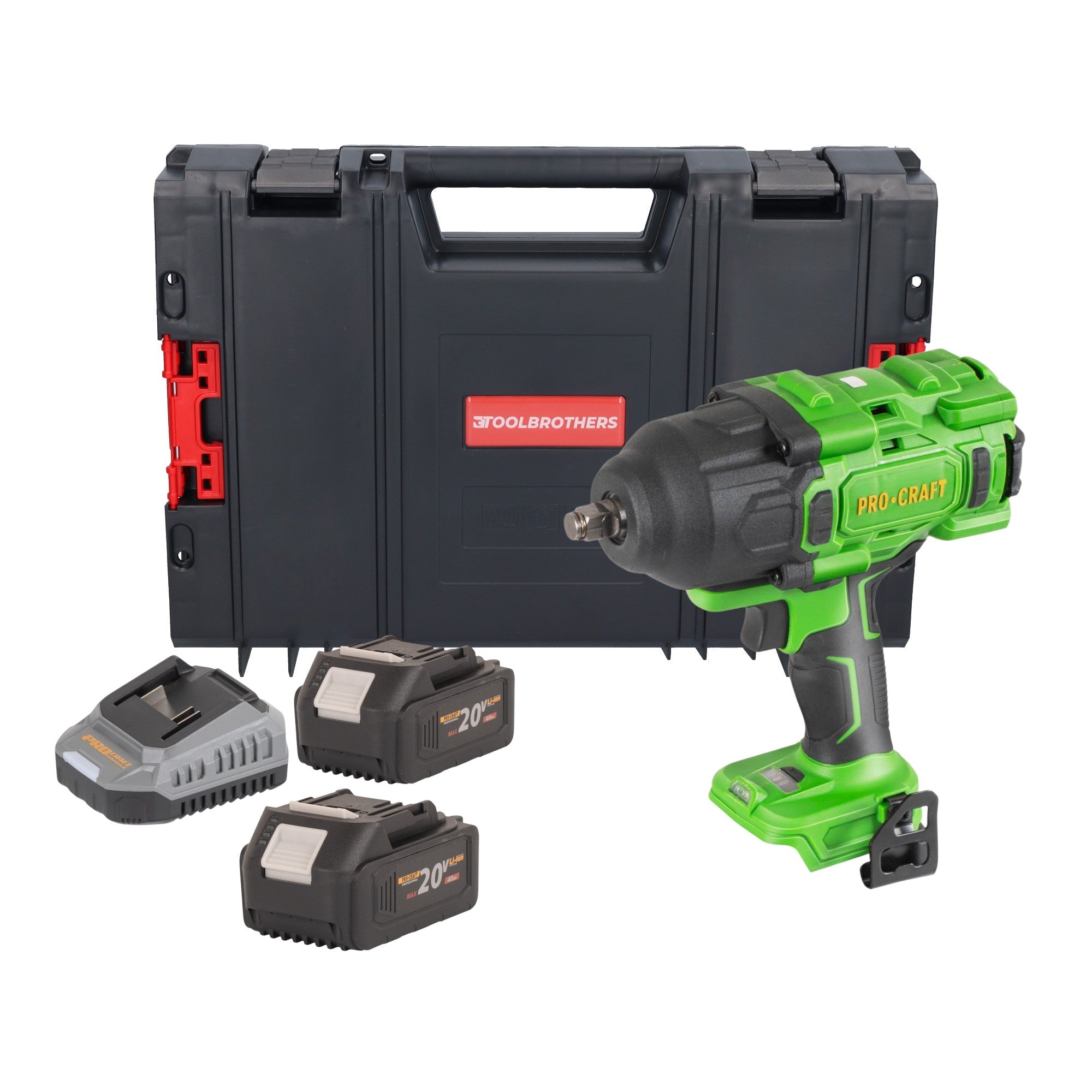 Procraft PWA80bb Akku Schlagschrauber 20 V 1600 Nm 1/2" Brushless + 2x Akku 4,0 Ah + Ladegerät + RHINO Toolcase