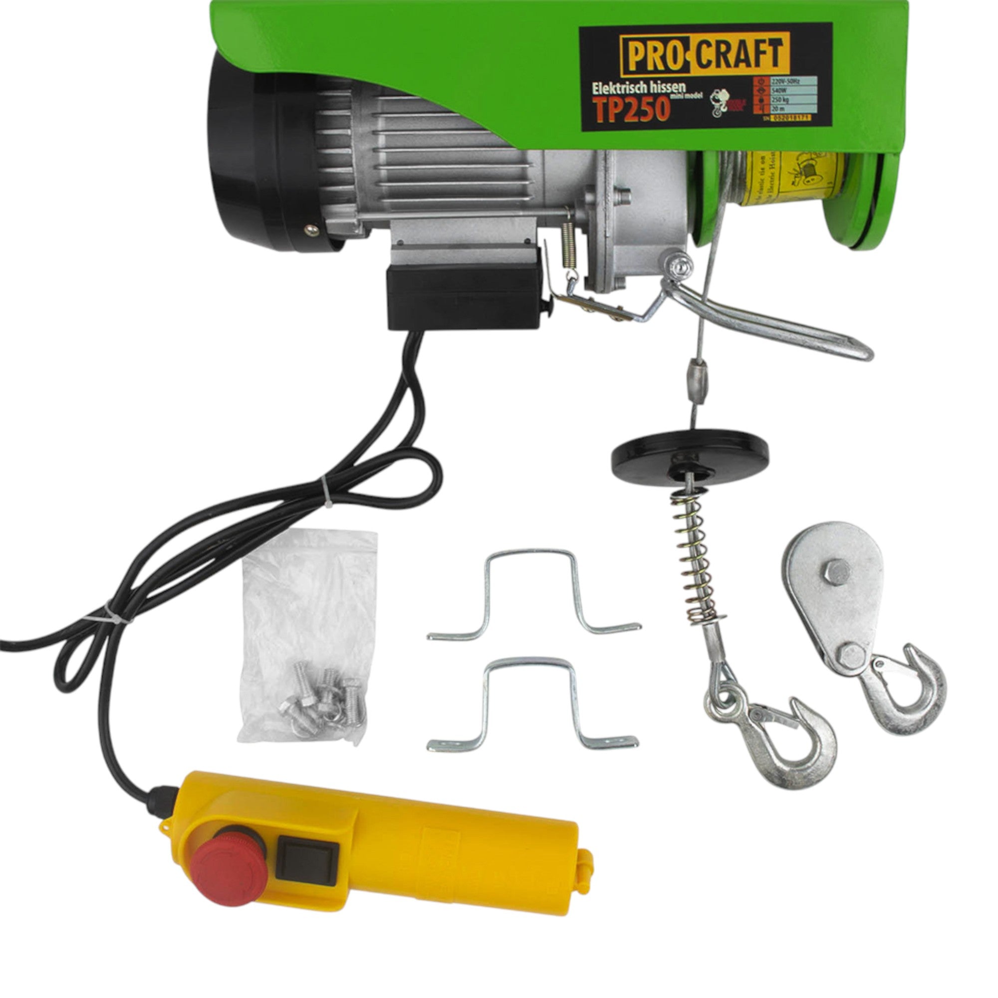 Procraft TP250 elektrische Seilwinde Seilzug 510 W 6 mm Tragfähigkeit ohne/mit Umlenkrolle 125/250 kg Hubhöhe 12/6 m