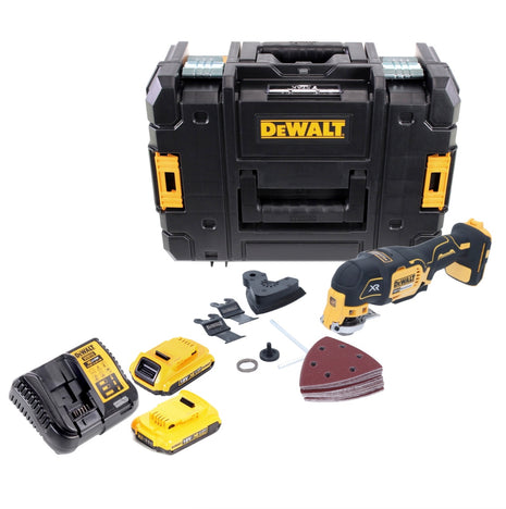 DeWalt DCS 355 D2 Akku Oszillierer Multitool 18 V Brushless + 2x Akku 2,0 Ah + Ladegerät + 29 tlg. Zubehör + TSTAK - Toolbrothers