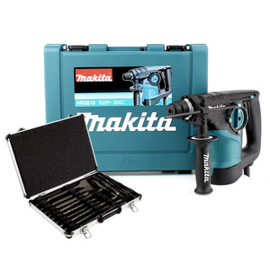 Makita HR 2810 - 800 W Kombi - Schlag Bohrhammer mit SDS - Plus im Transportkoffer +Makita D-42444 SDS-Plus Bohrer-Meißel-Set 17 tlg. im Alu Koffer