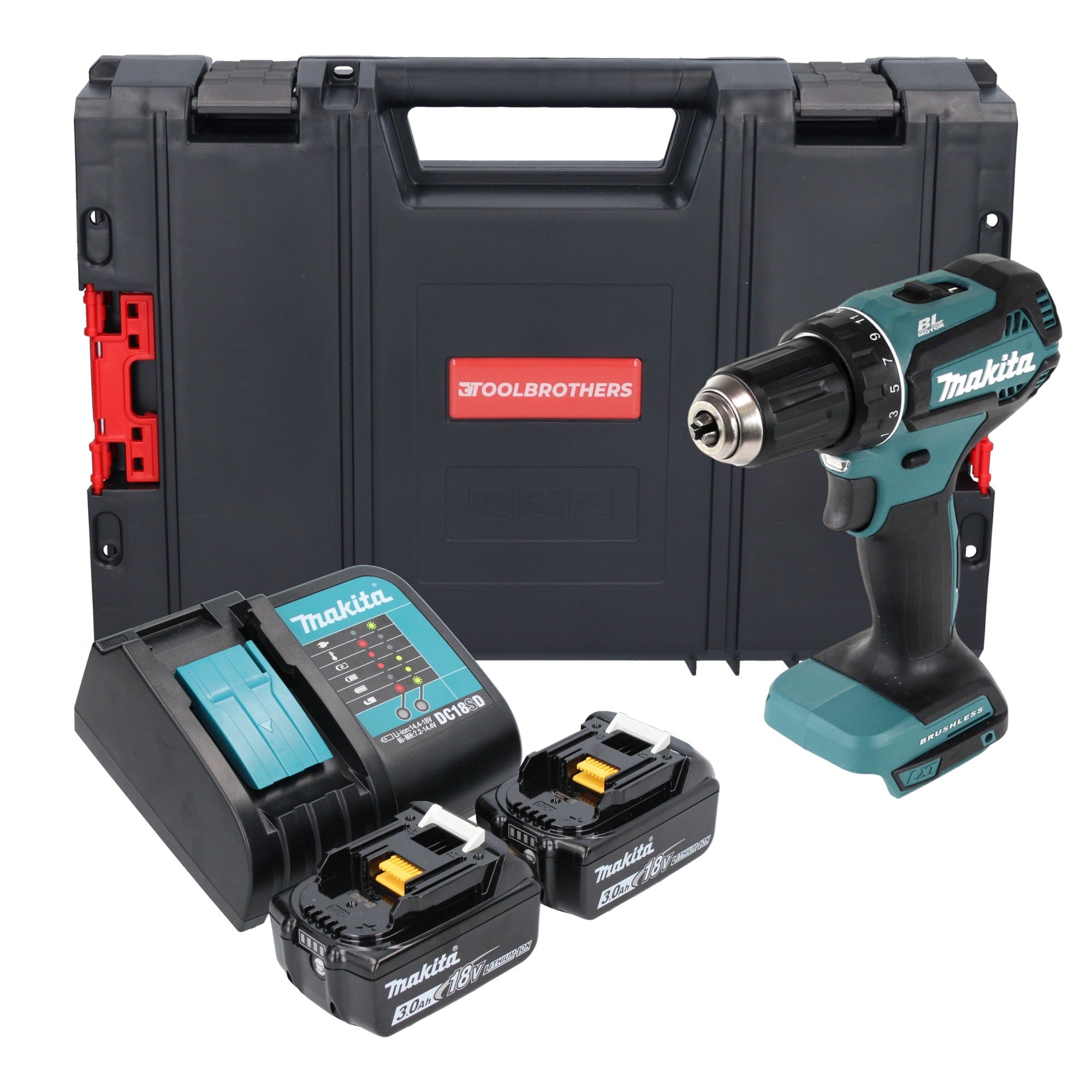 Makita DDF 485 SFJ R Akku Bohrschrauber 18 V 50 Nm Brushless 2x Akku 3 0 Ah Ladegeraet RHINO 0 - toolbrothers