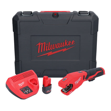 Cortatubos de acero inoxidable a batería Milwaukee M12 PCSS-251C 12 V 12 - 28 mm + 1x batería 2,5 Ah + cargador + estuche