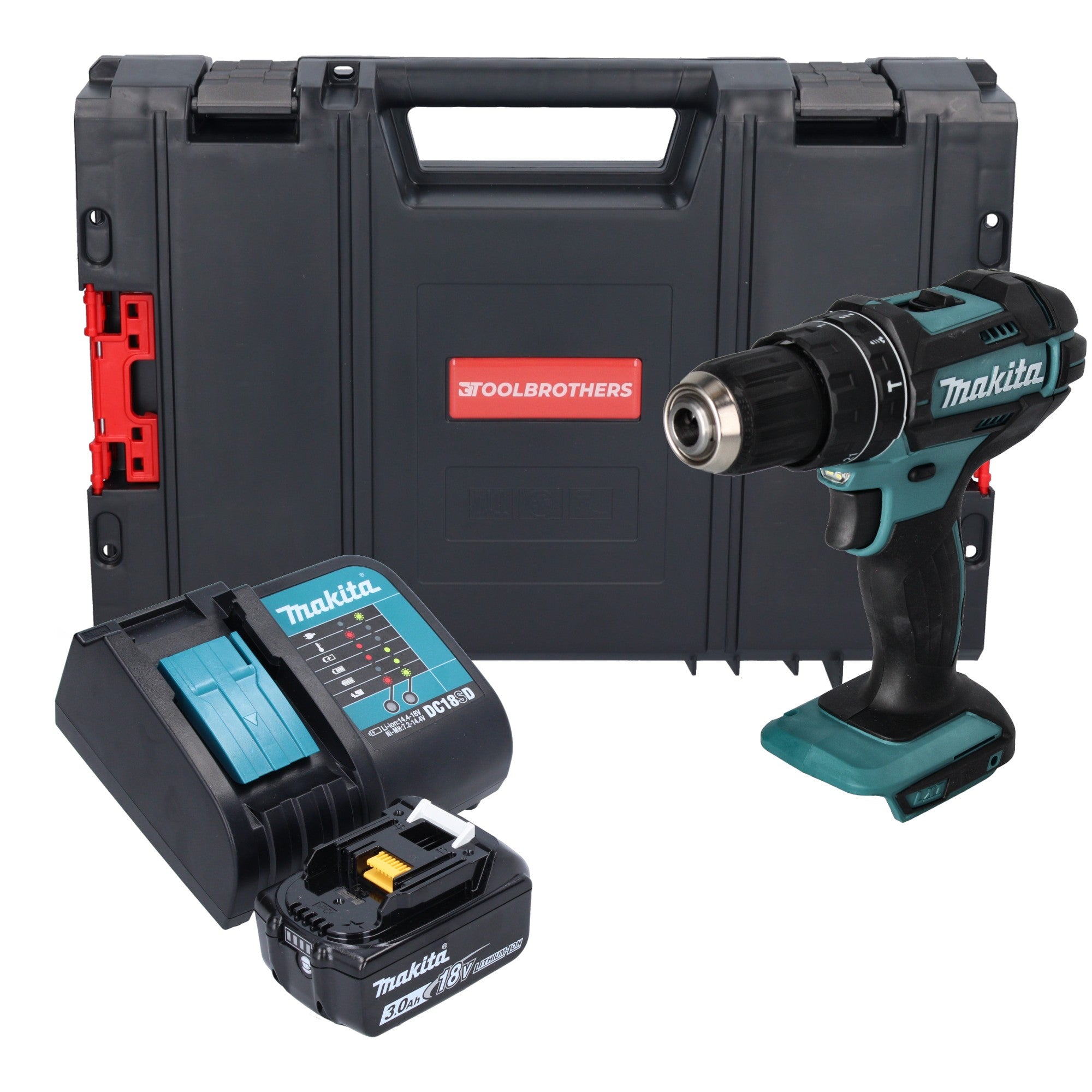 Makita DHP 482 SF1J R Akku Schlagbohrschrauber 18 V 62 Nm 1x Akku 3 0 Ah Ladegeraet RHINO 0 - toolbrothers