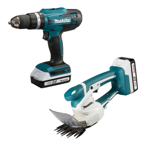 Makita DK18B56Y Spezial Set mit Schlagbohrschrauber HP488D und Grasschere UM110D 18 V G Serie + 2x 1,5 Ah Akku + Ladegerät