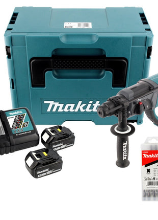 Makita DHR 202 RTJ 18 V Akku Kombihammer SDS-Plus im Makpac + 2x 5,0 Ah Akku + Ladegerät + 5 tlg. Hartmetall Bohrer Set für Mauerwerk und Beton - Toolbrothers