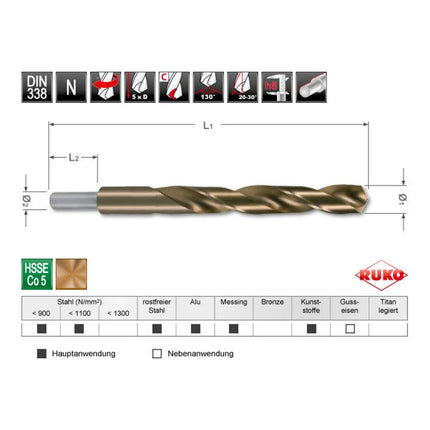RUKO Spiralbohrer DIN 338 Typ N Nenn-Ø 13,5 mm HSS-Co5 ( 4000600100 )
