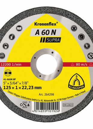 KLINGSPOR disque à tronçonner A 60 N Supra D125x1mm droit (8000353805)