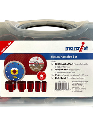 Marcrist Fliesen Komplett Set 125 mm + 1x Fliesenschneider + 5x Fliesenbohrer + 10x Inox Trennscheibe + 1x Schnellwechselflansch  ( 3999.101.354 ) + Koffer