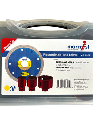 Marcrist Fliesenschneid- und Bohr Set 125 mm + 1x Trennscheibe + 3x Trockenbohrer  ( 3999.101.234 ) + Koffer