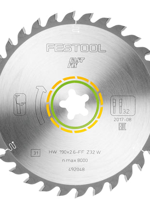 Hoja de sierra circular Festool HW 190x2,6 FF W32 MADERA UNIVERSAL 2 piezas (2x 492048) 190 x 2,6 mm 32 dientes para toda la madera, materiales derivados de la madera, paneles de materiales de construcción, placas de fibra de yeso, plástico blando