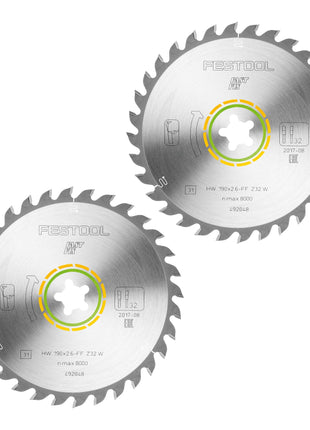 Hoja de sierra circular Festool HW 190x2,6 FF W32 MADERA UNIVERSAL 2 piezas (2x 492048) 190 x 2,6 mm 32 dientes para toda la madera, materiales derivados de la madera, paneles de materiales de construcción, placas de fibra de yeso, plástico blando