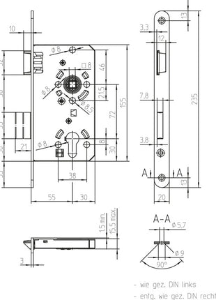 Zamek wpuszczany SSF PZW 20/ 55/72/8 mm DIN lewy ( 3000251014 )