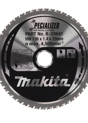 Makita SPECIALIZED Kreissägeblatt für Metall 136 x 20 x 1,4 mm 50 Zähne ( B-33641 ) - Toolbrothers