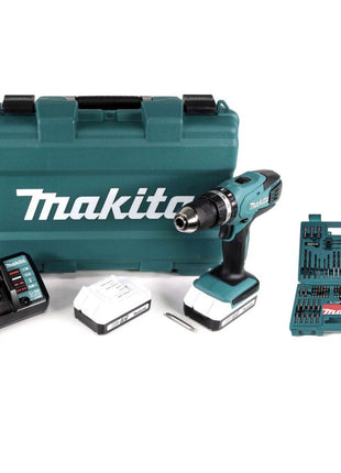 Makita HP 457 DWE 18 V Li-Ion Akku Schlagbohrschrauber im Transportkoffer + 2 x 1,5 Ah Akku + Ladegerät + Makita B-53811 Bit & Bohrer-Set 100-teilig mit Bithalter in Kunstoffkoffer - Toolbrothers