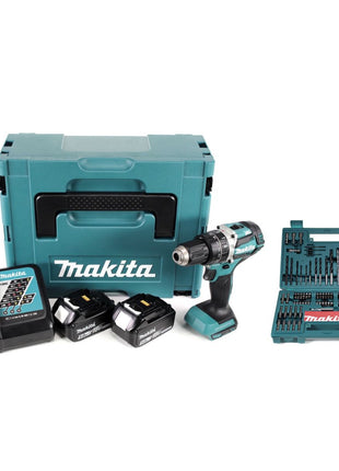 Makita DHP 484 RTJ 18 V Brushless Li-Ion Akku Schlagbohrschrauber im Makpac inkl. 2x 5,0 Ah Akku und Ladegerät + Makita B-53811 Bit & Bohrer-Set 100-teilig - Toolbrothers