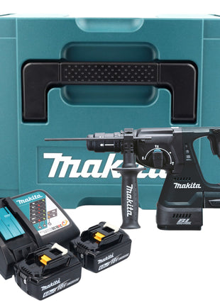 Makita DHR 243 RGJ B martillo combinado a batería 18 V 2.0 J SDS-Plus negro + 2x baterías 6.0 Ah + cargador + portabrocas de cambio rápido + Makpac