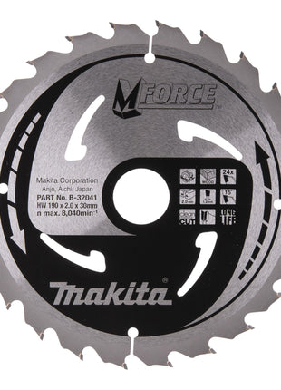 Makita CSMX19024G M-FORCE Kreissägeblatt 190 x 30 x 2,0 mm 24 Zähne ( B-32041 ) für Holz