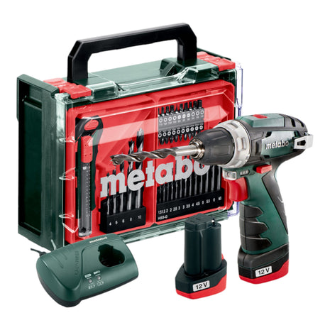 Metabo Powermaxx BS Basic Set akumulatorowa wiertarko-wkrętarka 12 V 34 Nm ( 600080710 ) + 2x akumulator 2,0 Ah + ładowarka + 41-częściowy zestaw akcesoriów + walizka