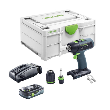 Festool T 18+3 Basic akumulatorowa wiertarko-wkrętarka 18 V 50 Nm bezszczotkowa + 1x akumulator 4,0 Ah + szybka ładowarka + systainer